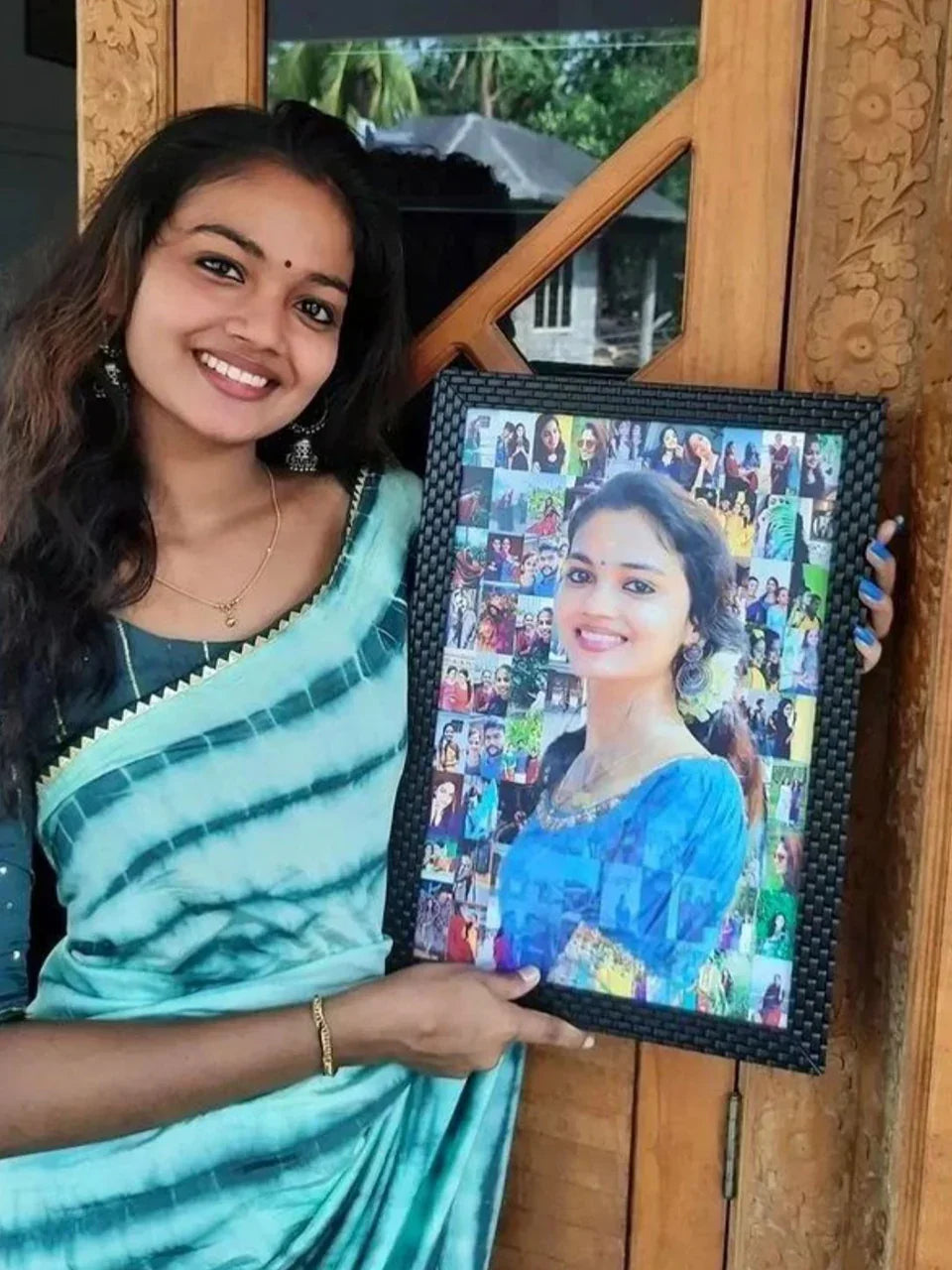 Woman holding personalized photo collage frame, perfect gift idea for loved ones in India