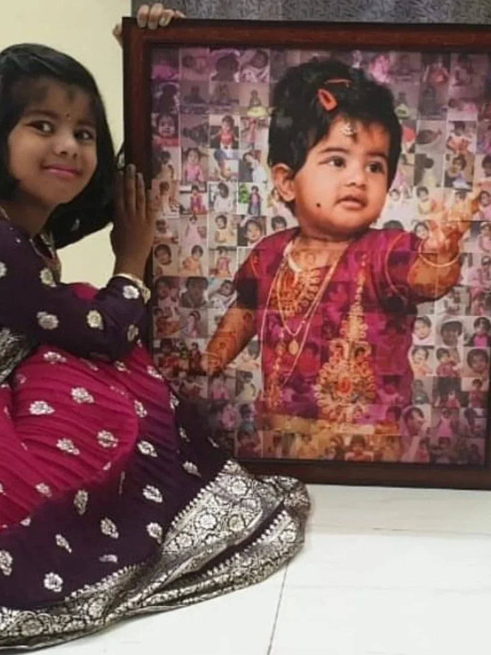 Girl in traditional Indian dress holding framed photo collage of baby, perfect gift idea