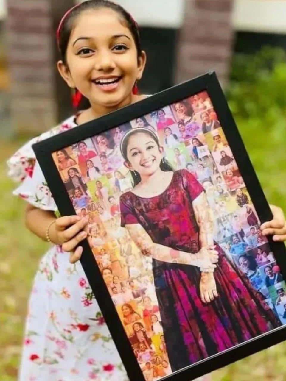 Girl holding personalized photo collage frame with custom portrait, perfect gift idea for loved ones