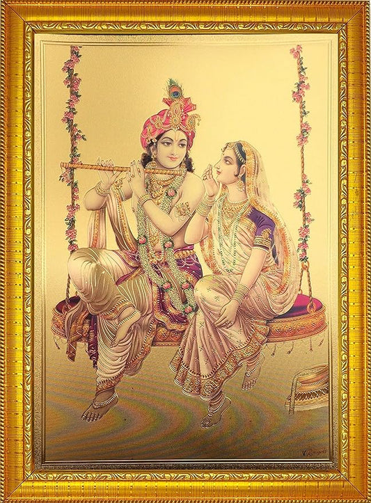 Handicraft Gold wooden Radha Krishna Photo Frame for Wall and Poster for Pooja/Religious Framed Painting for Worship (35 X 25) cm