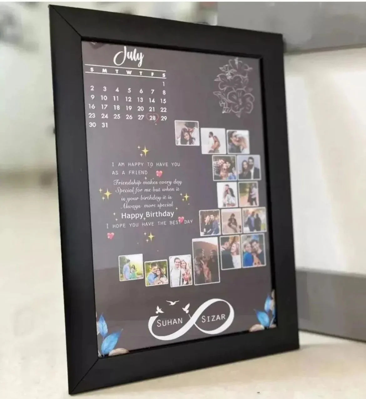 Personalized birthday photo frame with July calendar, friendship quote, and custom names