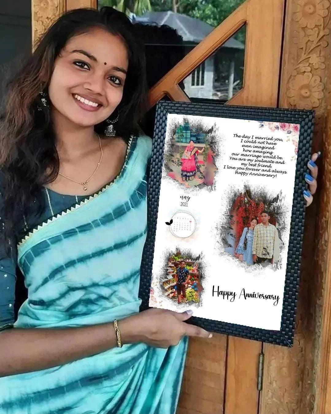 Woman holding personalized anniversary photo frame with heartfelt message and family photos