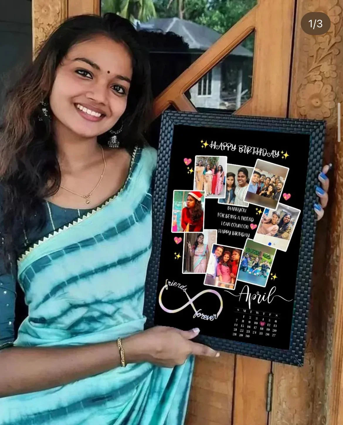 Woman holding personalized birthday photo collage frame with 'Happy Birthday' and calendar, perfect gift idea