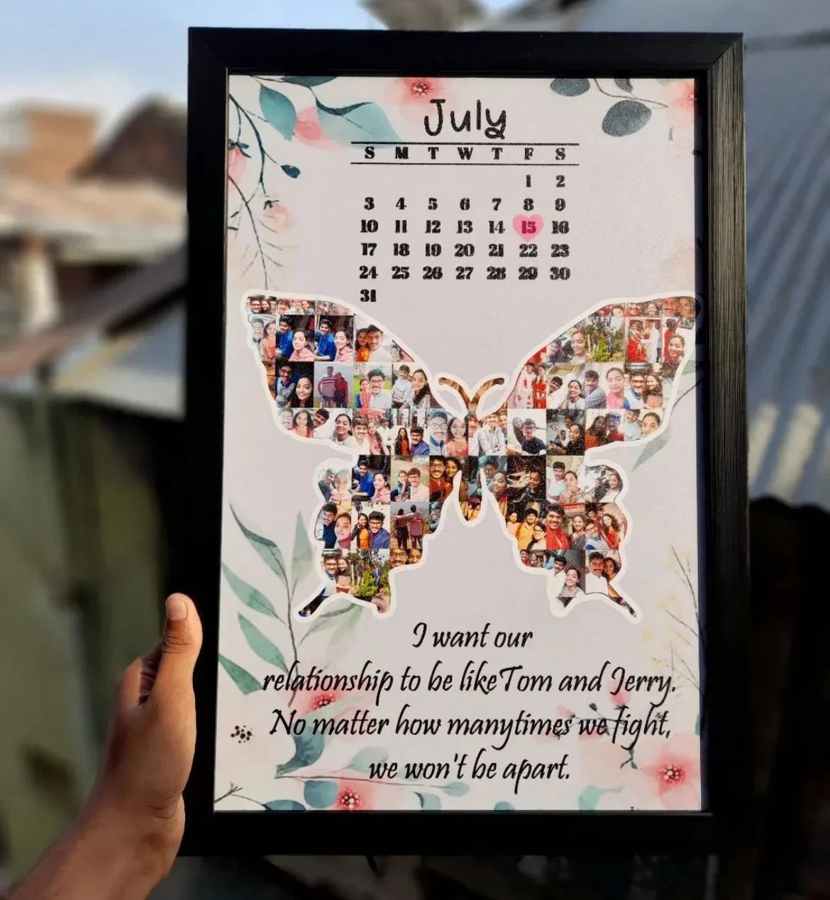 Personalized July calendar with butterfly photo collage, floral design, and romantic quote for couples