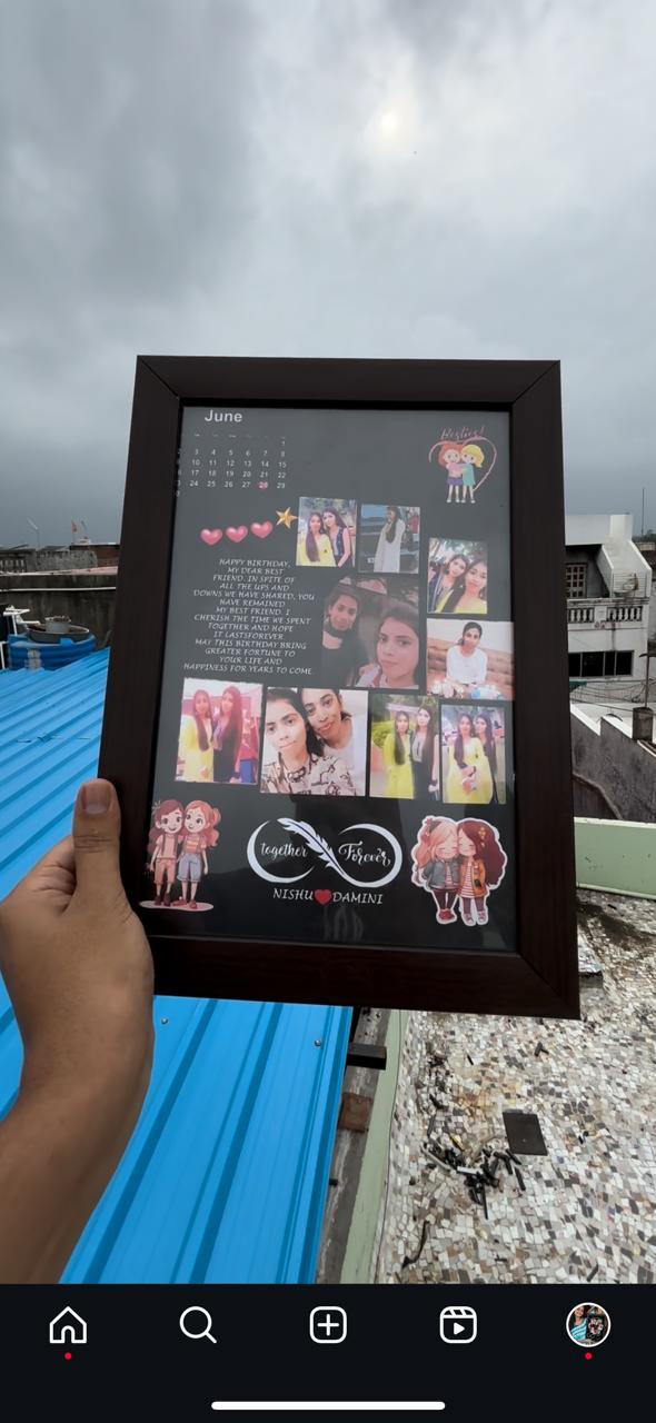 Personalized photo frame with birthday message, photos, and custom names for best friends, held outdoors.