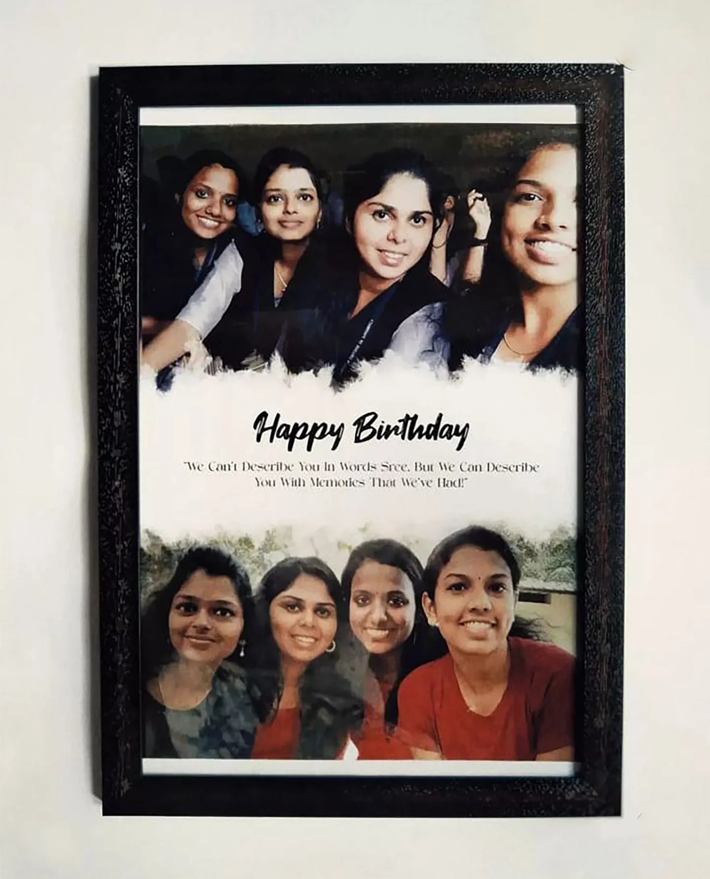 Personalized birthday photo frame with happy friends, custom message, perfect gift for her