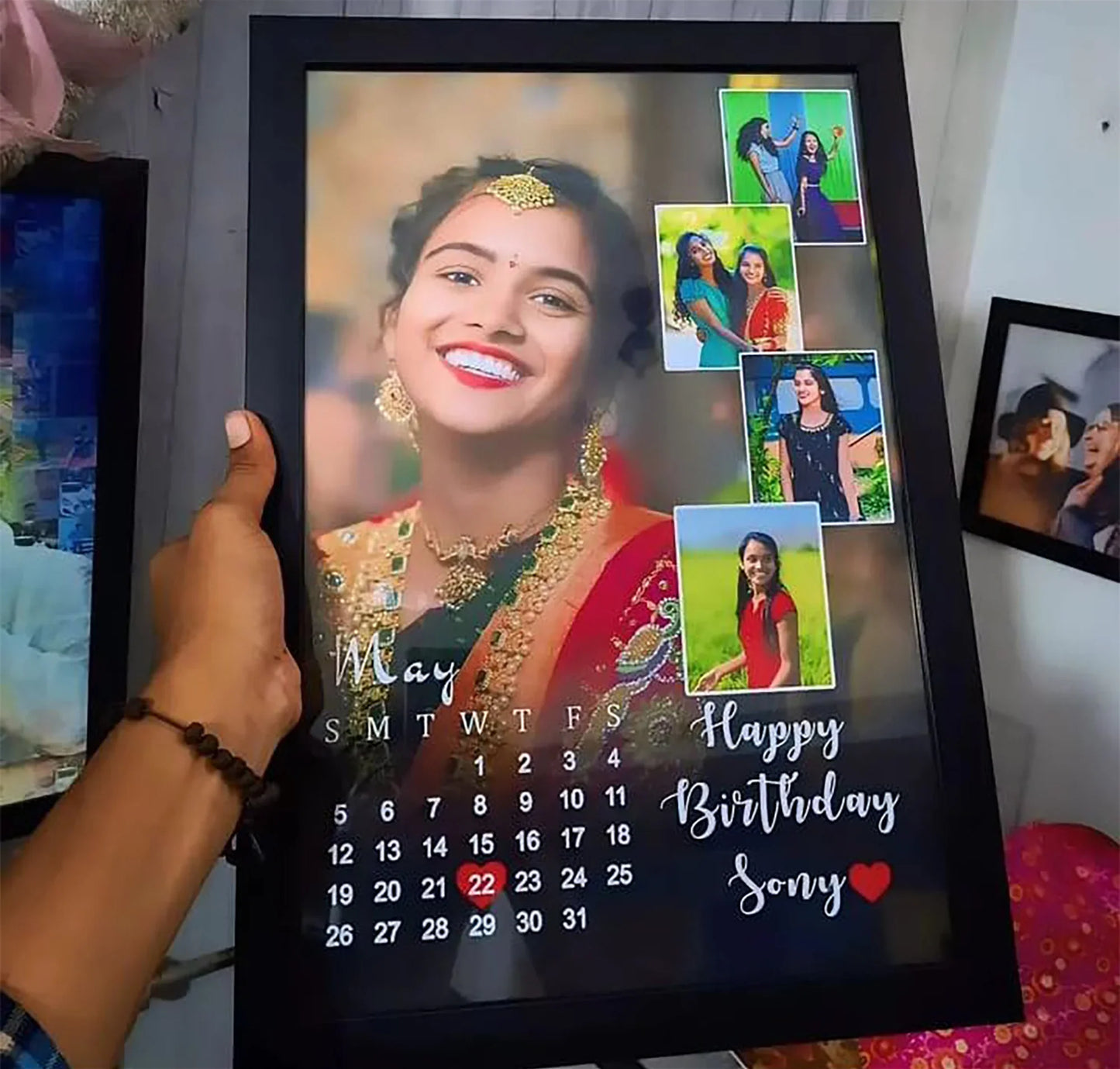 Personalized birthday photo frame with calendar, happy birthday message, and collage photos for gift ideas