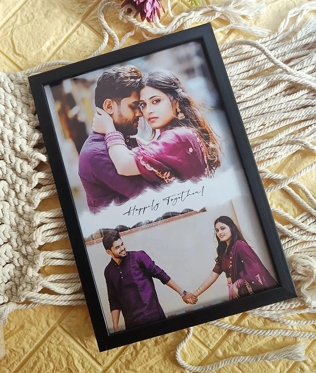 Personalized photo frame with couple's photos and 'Happily Together' text, perfect gift for Indian couples