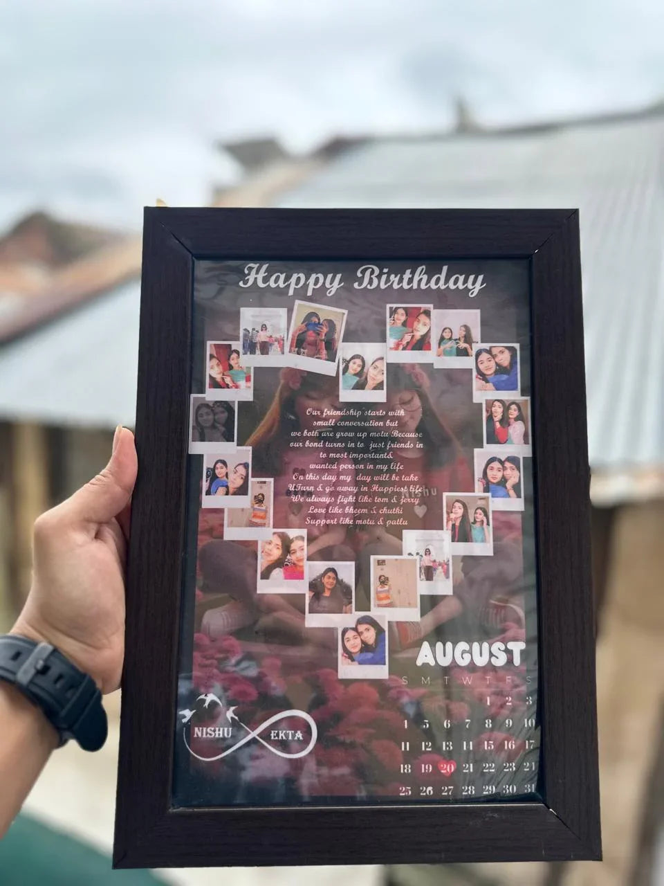 Personalized birthday photo frame with collage, August calendar, and friendship quote for gifting