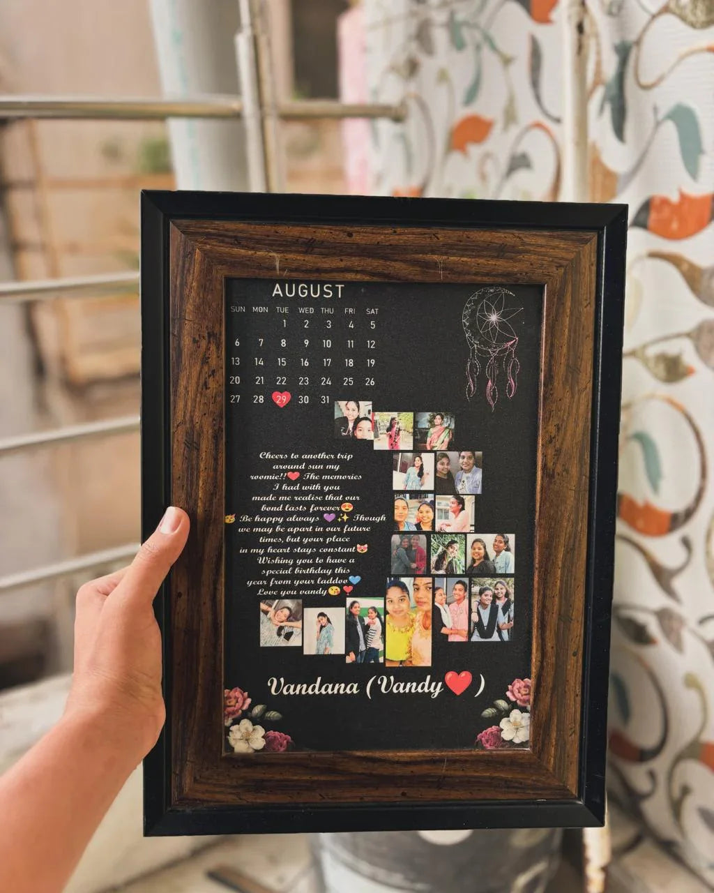 Personalized photo calendar gift with August dates, dreamcatcher, floral decor, and custom message for Vandana