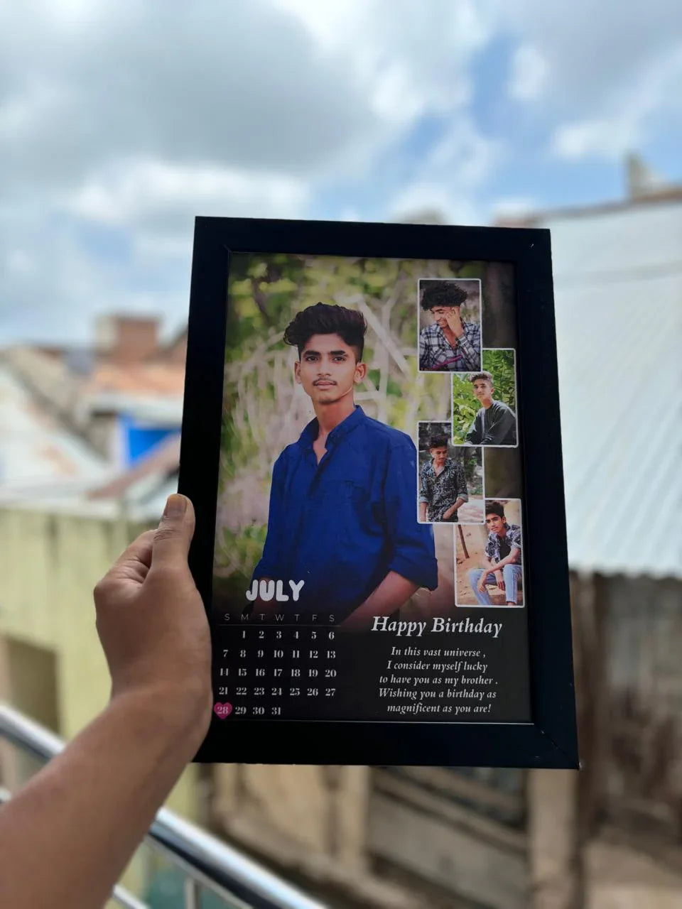 Personalized July birthday photo calendar with happy birthday message and multiple portraits, perfect gift