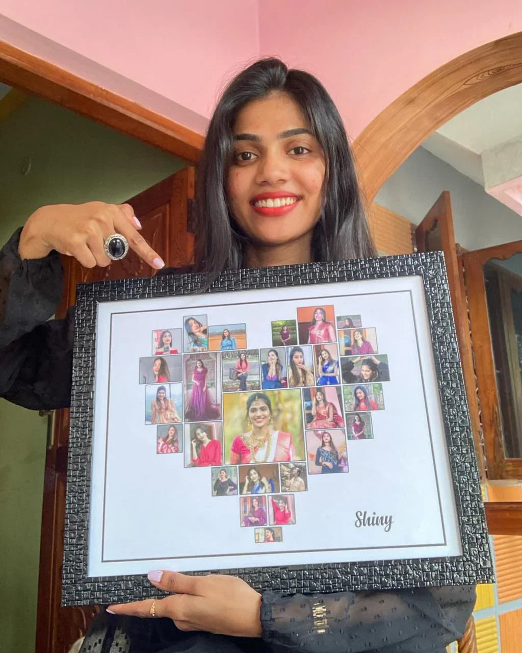 Personalized photo collage frame with heart-shaped layout, custom name 'Shiny', perfect gift idea