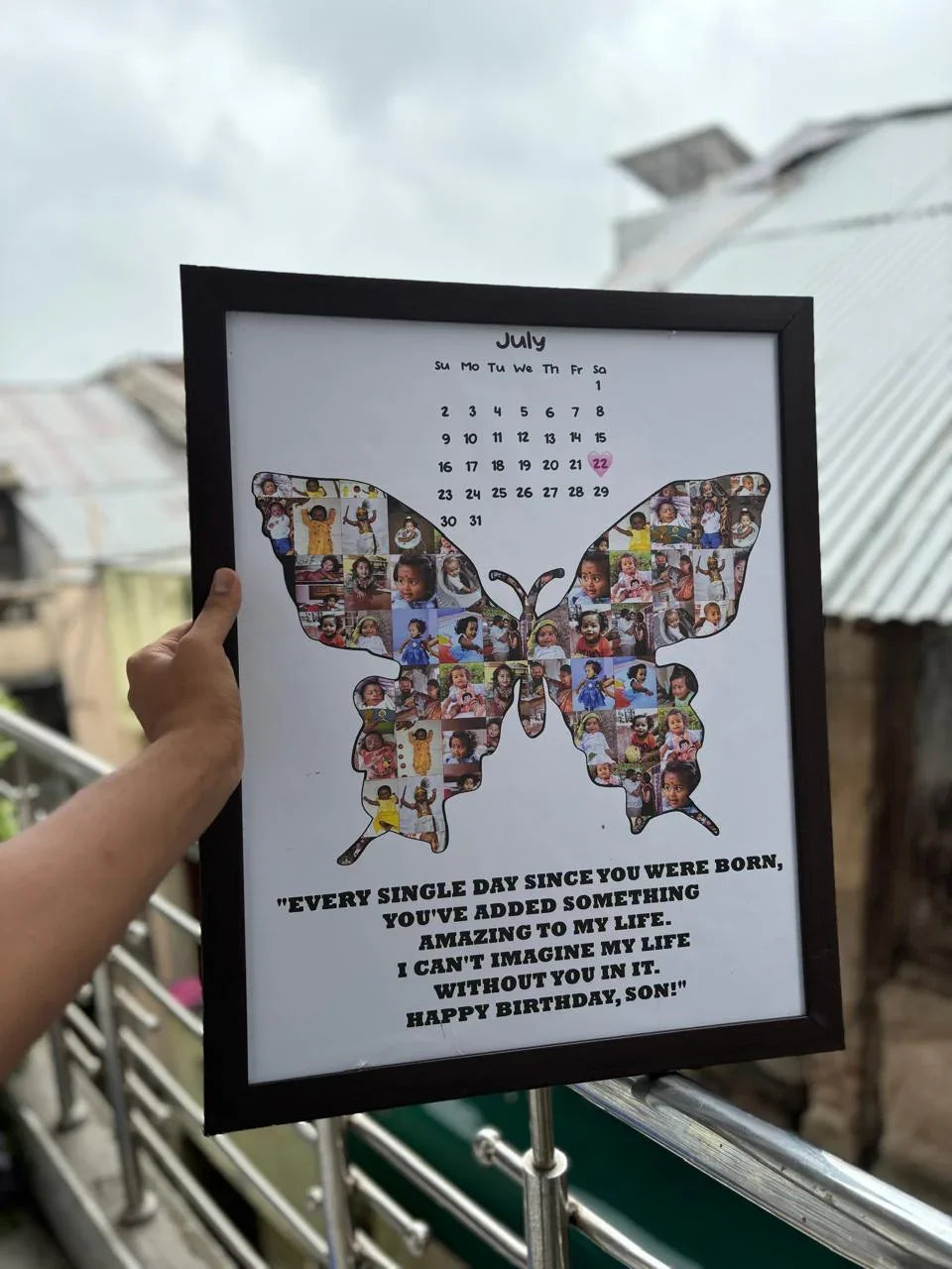 Personalized butterfly photo collage calendar with birthday message for son, perfect gift idea