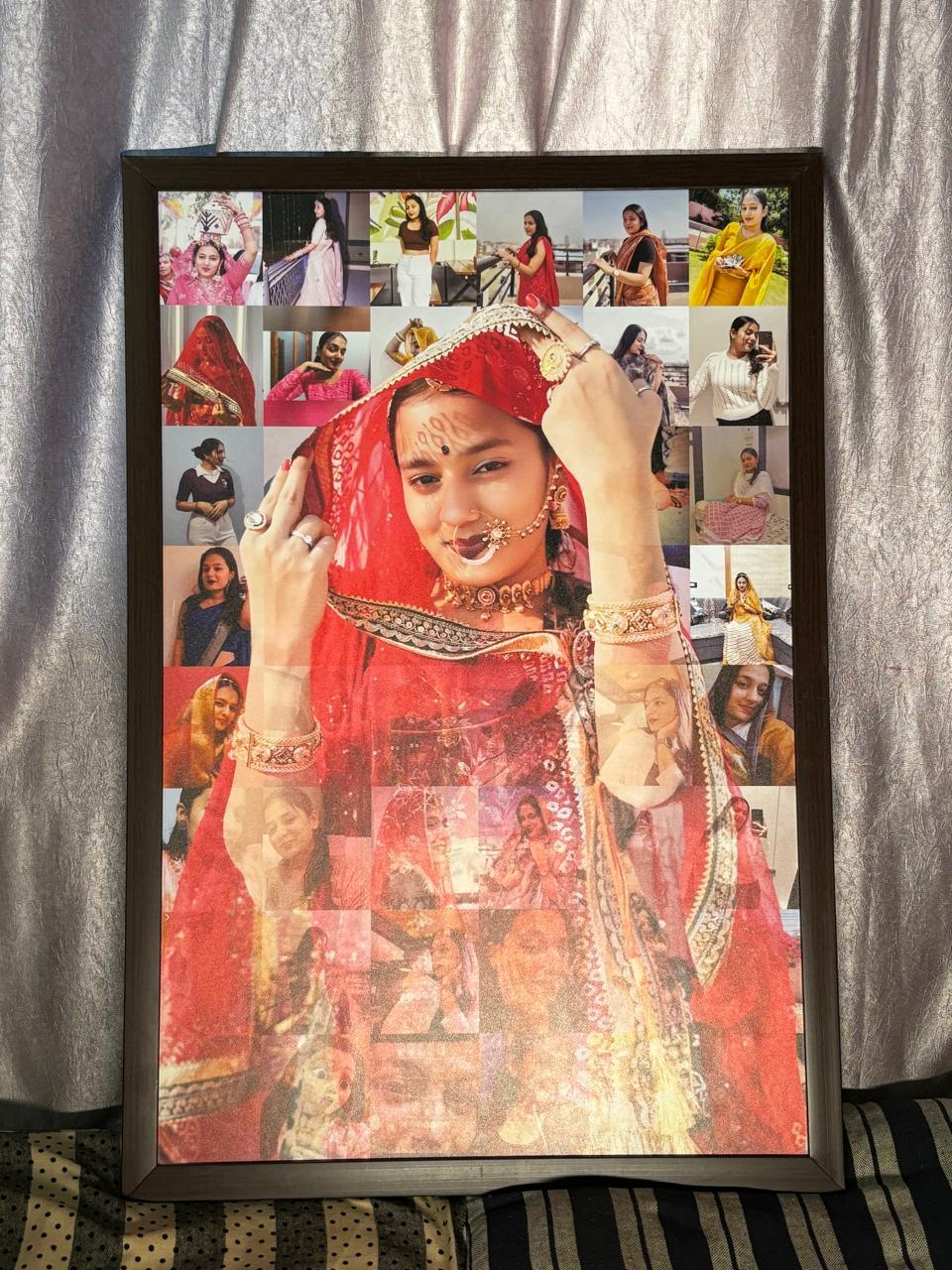 Framed photo collage of Indian bride in red lehenga with traditional jewelry, perfect gift for weddings or celebrations