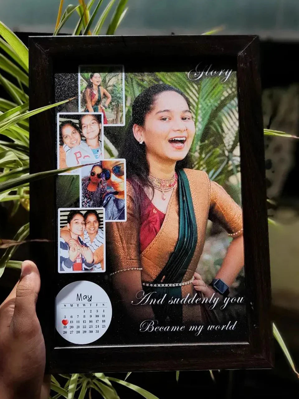 Personalized photo frame with collage, calendar, and quote 'And suddenly you became my world' — perfect gift idea