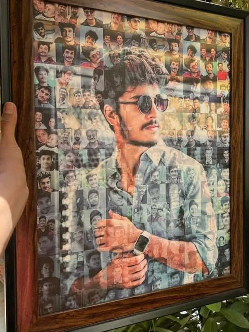 Personalized photo mosaic portrait in wooden frame, unique gift idea with custom collage art