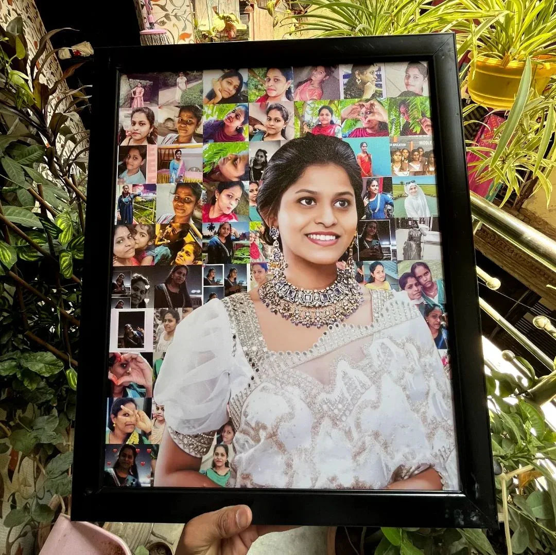 Personalized photo collage frame with woman in white saree, perfect gift for Indian occasions