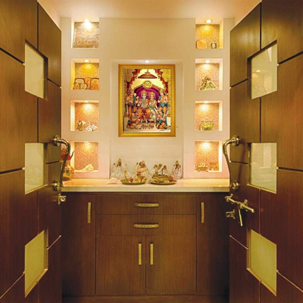 Handicraft Lord Shri Ram, Laxman, Sita and Hanuman Hindu God Wooden Photo Frame (23x32cm, Multicolour)Rectangular, Wall Mount
