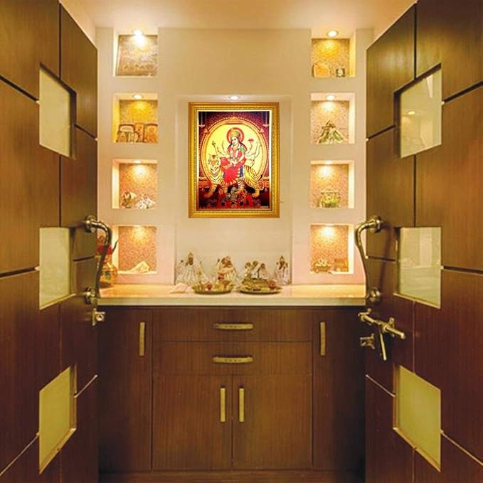 Maa Sherawali Wall Mount Ambe Durga Wood Rectangular Photo Frame For Navratri Dussehra Pooja Home Decor (35 X 25 X 1 Cm, Multicolour)