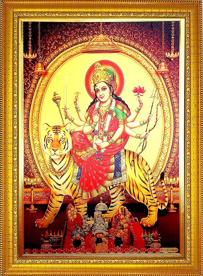 Maa Sherawali Wall Mount Ambe Durga Wood Rectangular Photo Frame For Navratri Dussehra Pooja Home Decor (35 X 25 X 1 Cm, Multicolour)