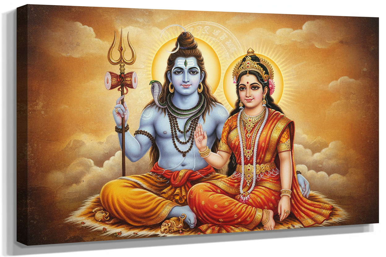 shiv and mata parvati canvas photo painting  Wall Arts Om Arts Beautiful Lord Shiv Parvati Canvas Painting | High Quality HD Artwork | Lord Shiva Parvati Wall Art | Bright Shining Colors